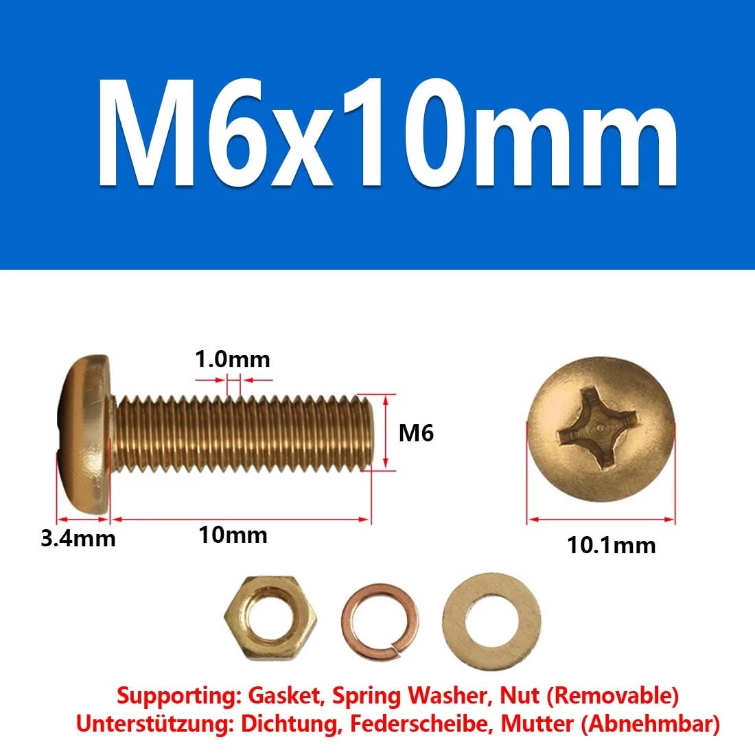 M3 M4 M5 M6 M8 Brass Phillips Pan Head Machine Screws with Hex Nuts & Washers