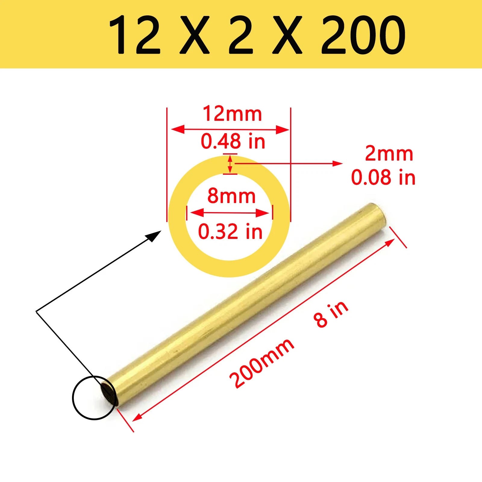 Brass Round Tube Pipe — OD 2mm to 80mm, Wall 0.5mm to 15mm, 200mm Length