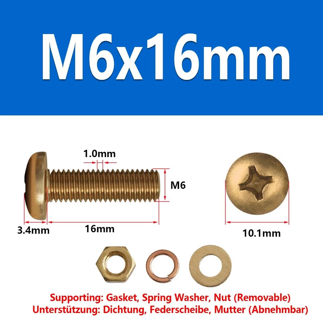 M3 M4 M5 M6 M8 Brass Phillips Pan Head Machine Screws with Hex Nuts & Washers