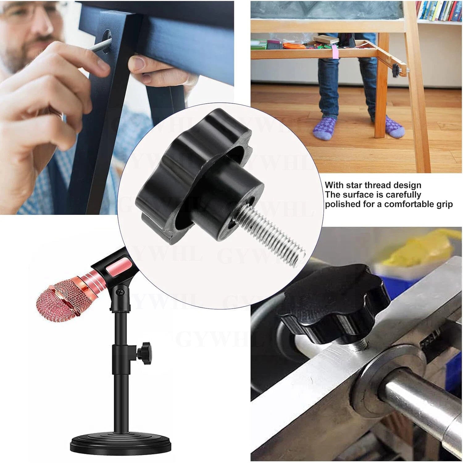 Zinc Plated Thumb Screws Hand Knob Grip Bolt Black Plastic Hexalobular Star Head