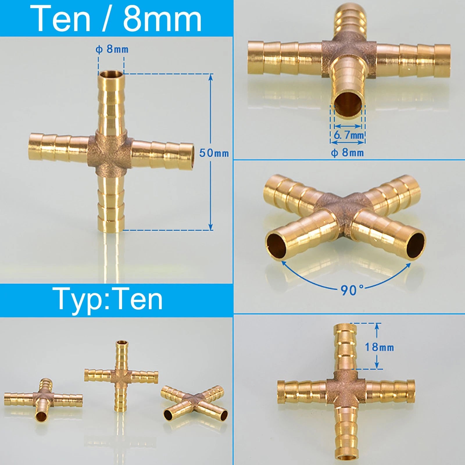 Brass Cross 4-Way Hose Barbed Fitting | Air Water Oil Gas | 6mm 8mm 10mm 12mm