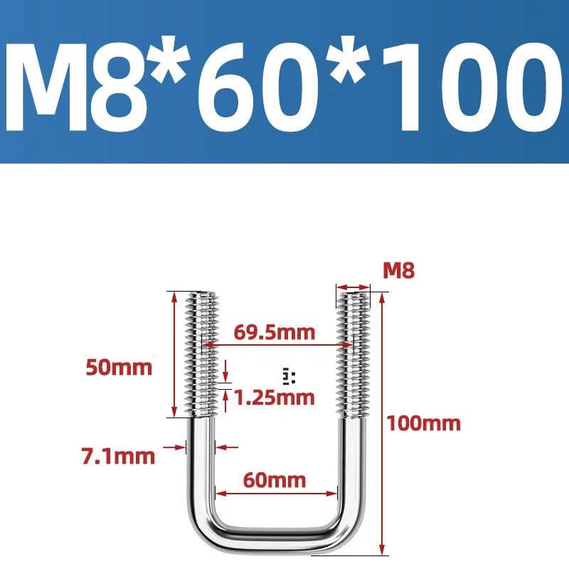 A2 304 Stainless Steel Square U - Bolt Clamp — M6 M8 M10 M12, Multiple Lengths - HomeDIYer