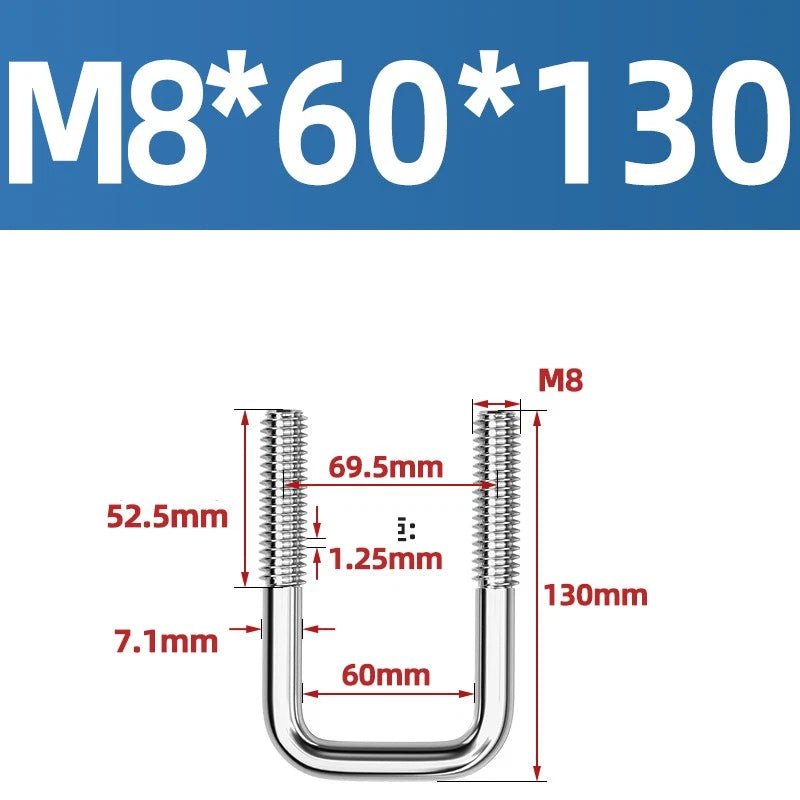 A2 304 Stainless Steel Square U - Bolt Clamp — M6 M8 M10 M12, Multiple Lengths - HomeDIYer
