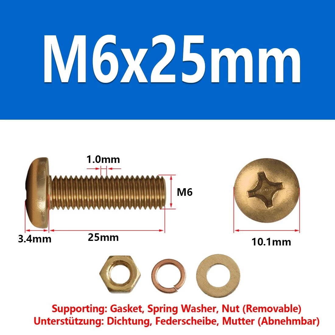 M3 M4 M5 M6 M8 Brass Phillips Pan Head Machine Screws with Hex Nuts & Washers