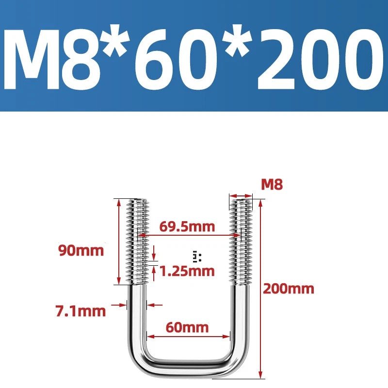 A2 304 Stainless Steel Square U - Bolt Clamp — M6 M8 M10 M12, Multiple Lengths - HomeDIYer
