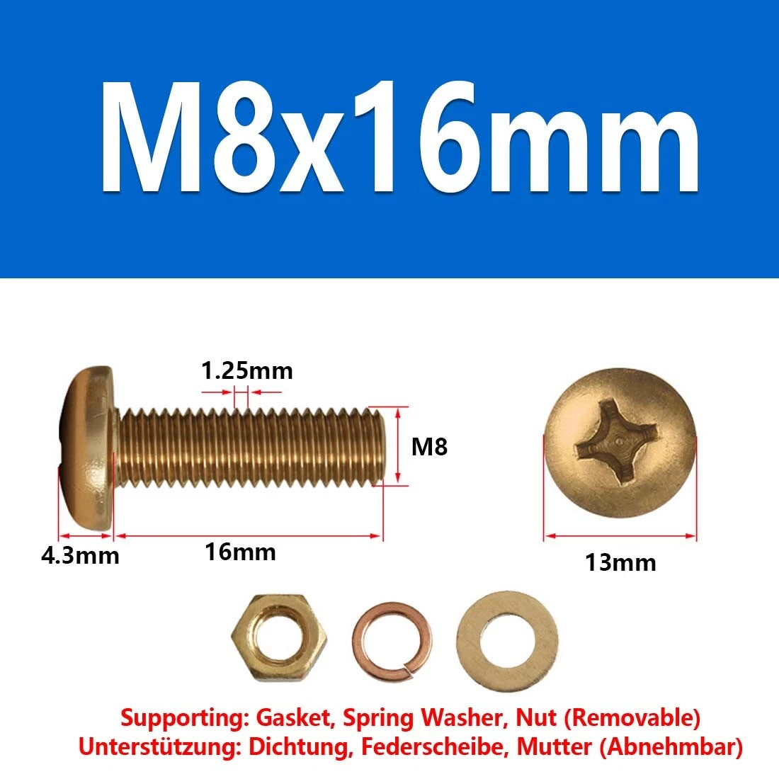 M3 M4 M5 M6 M8 Brass Phillips Pan Head Machine Screws with Hex Nuts & Washers