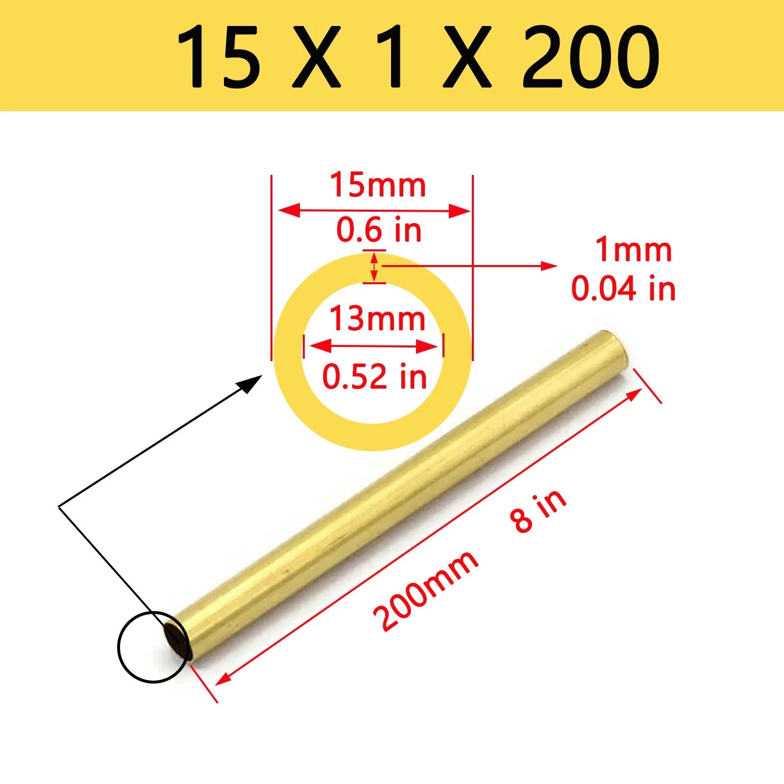 Brass Round Tube Pipe — OD 2mm to 80mm, Wall 0.5mm to 15mm, 200mm Length