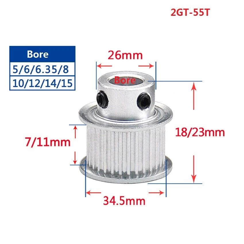 2GT 55T-110T Timing Belt Pulley Pitch 2mm With Step Width 7/11mm for 3D Printer