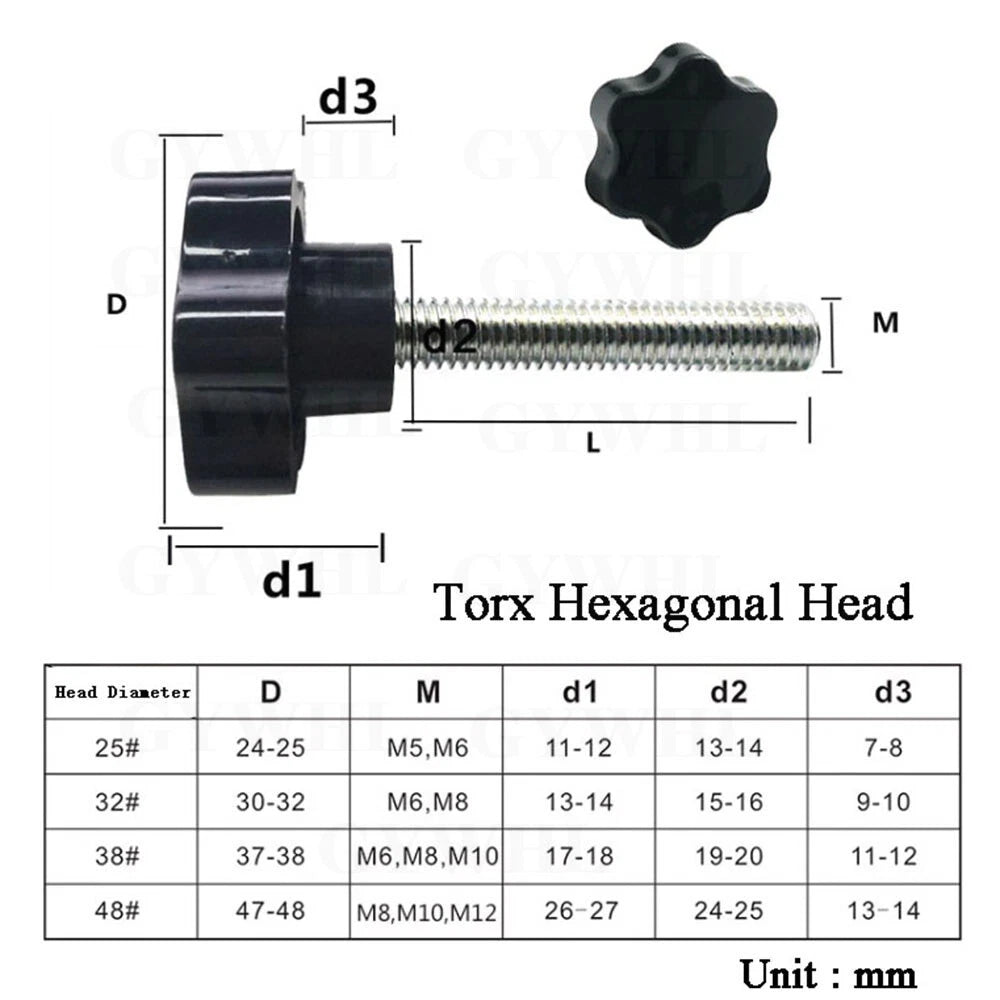 Zinc Plated Thumb Screws Hand Knob Grip Bolt Black Plastic Hexalobular Star Head