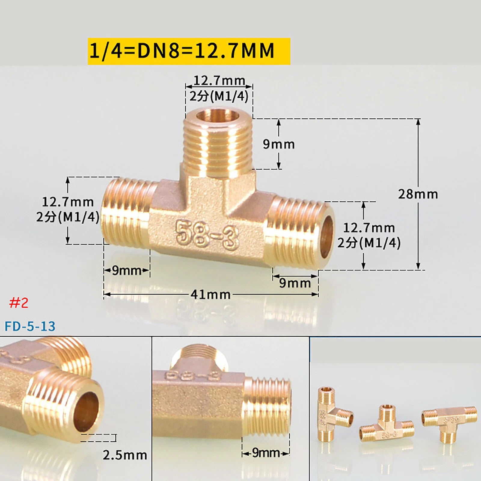 BSP Brass Tee Pipe Fittings — Male & Female Thread Combinations, 1/8" to 3/8"