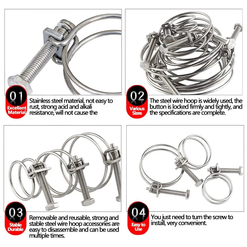 Double Wire Hose Clips - Stainless Steel, Pond Pipe Koi Fish Fitting Pump 9 -300