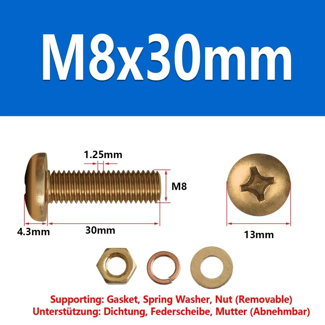 M3 M4 M5 M6 M8 Brass Phillips Pan Head Machine Screws with Hex Nuts & Washers