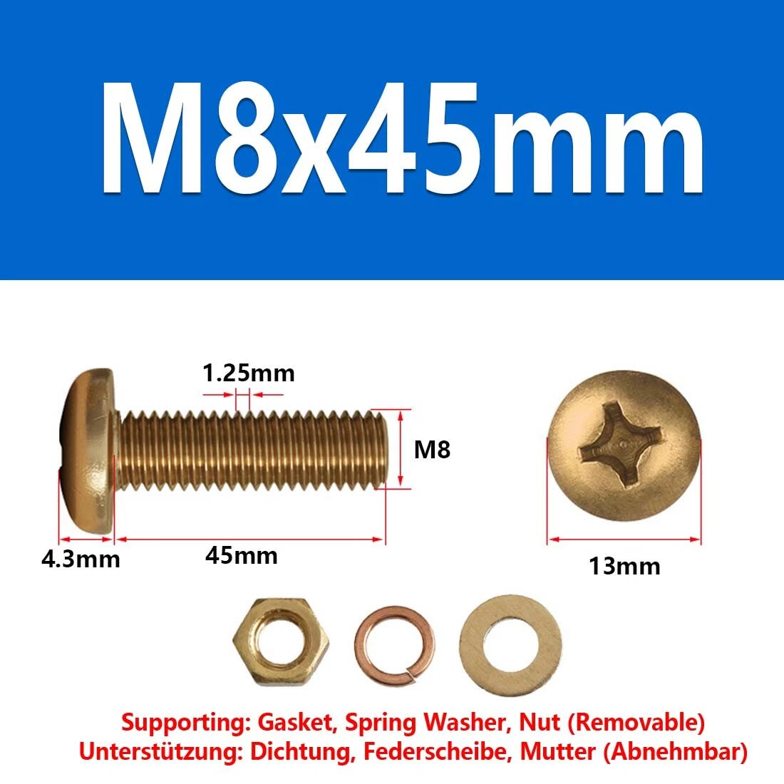 M3 M4 M5 M6 M8 Brass Phillips Pan Head Machine Screws with Hex Nuts & Washers