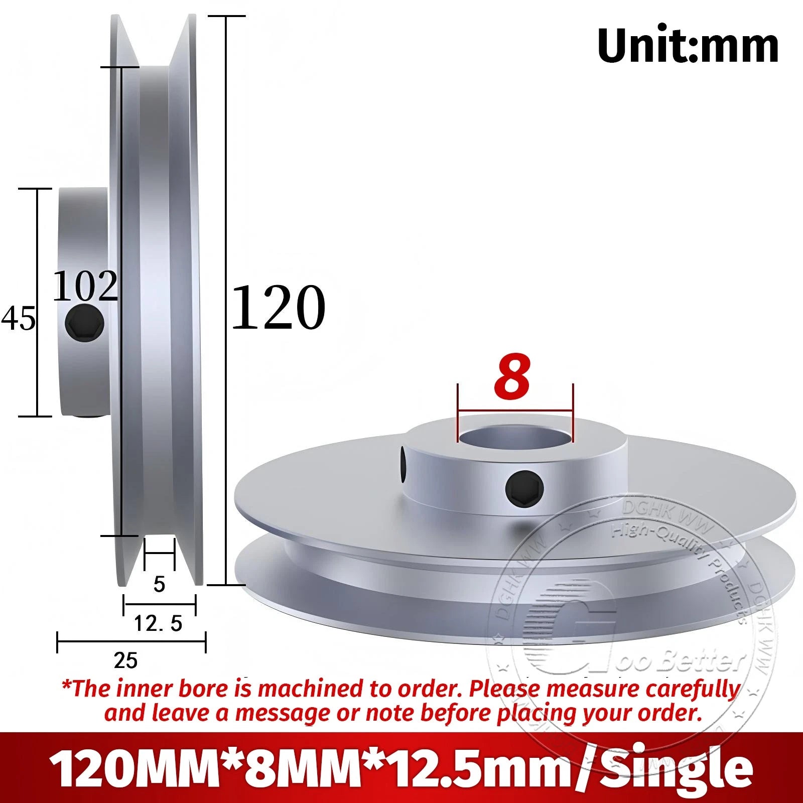 V-Groove Aluminum Drive Pulley For V-Belt Pulleys Groove 12.5mm OD 40mm-150mm