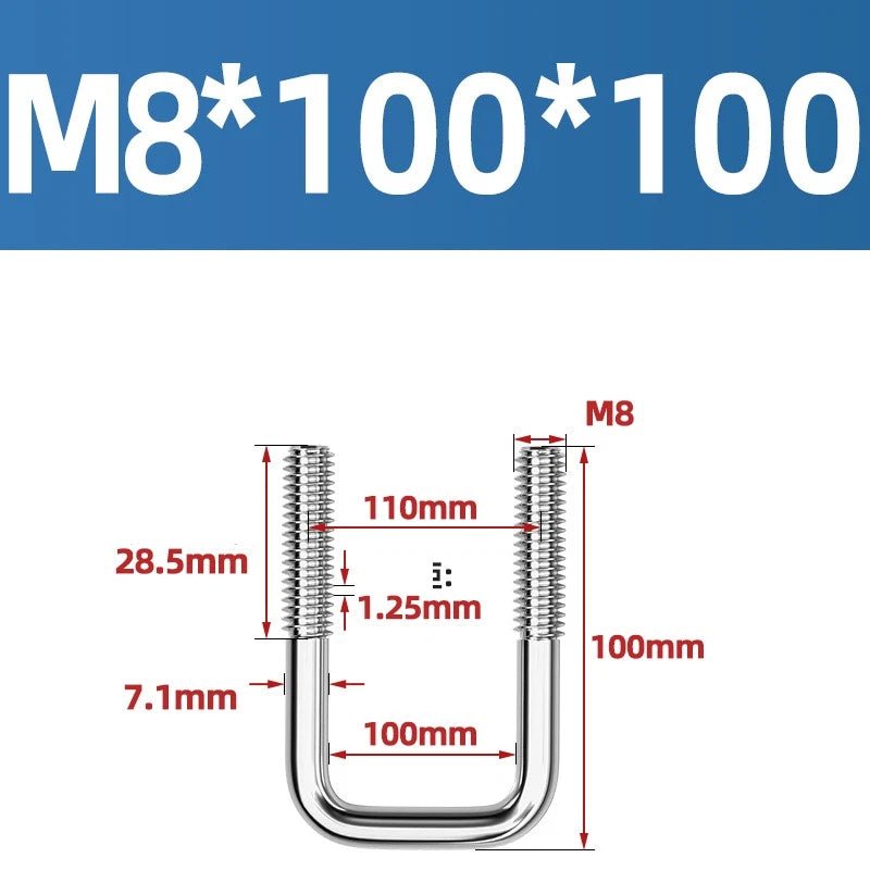 A2 304 Stainless Steel Square U - Bolt Clamp — M6 M8 M10 M12, Multiple Lengths - HomeDIYer