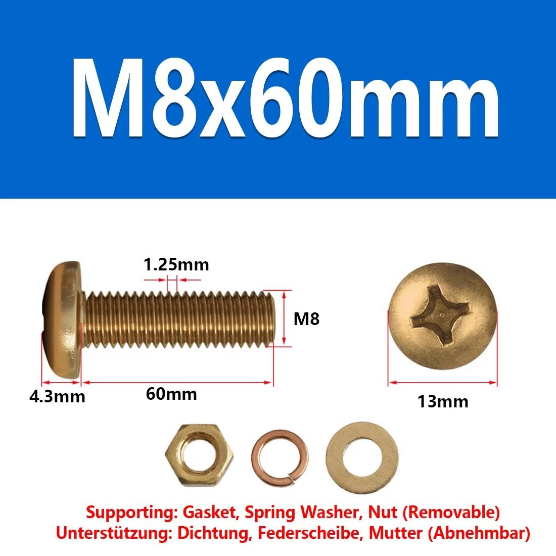 M3 M4 M5 M6 M8 Brass Phillips Pan Head Machine Screws with Hex Nuts & Washers