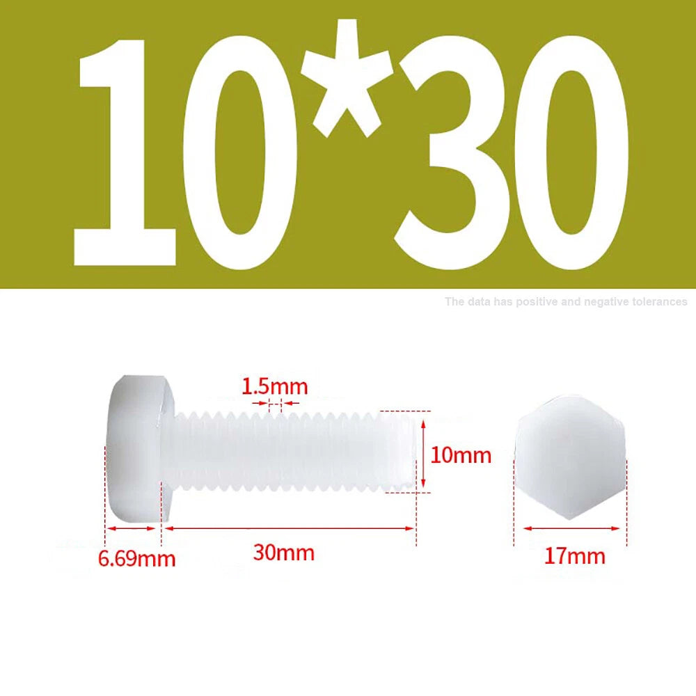 M3–M12 White Nylon Hex Bolts | Plastic Hexagon Head Machine Screws DIN 933
