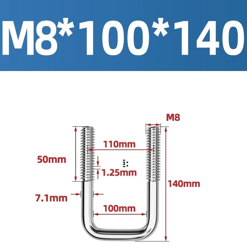 A2 304 Stainless Steel Square U - Bolt Clamp — M6 M8 M10 M12, Multiple Lengths - HomeDIYer