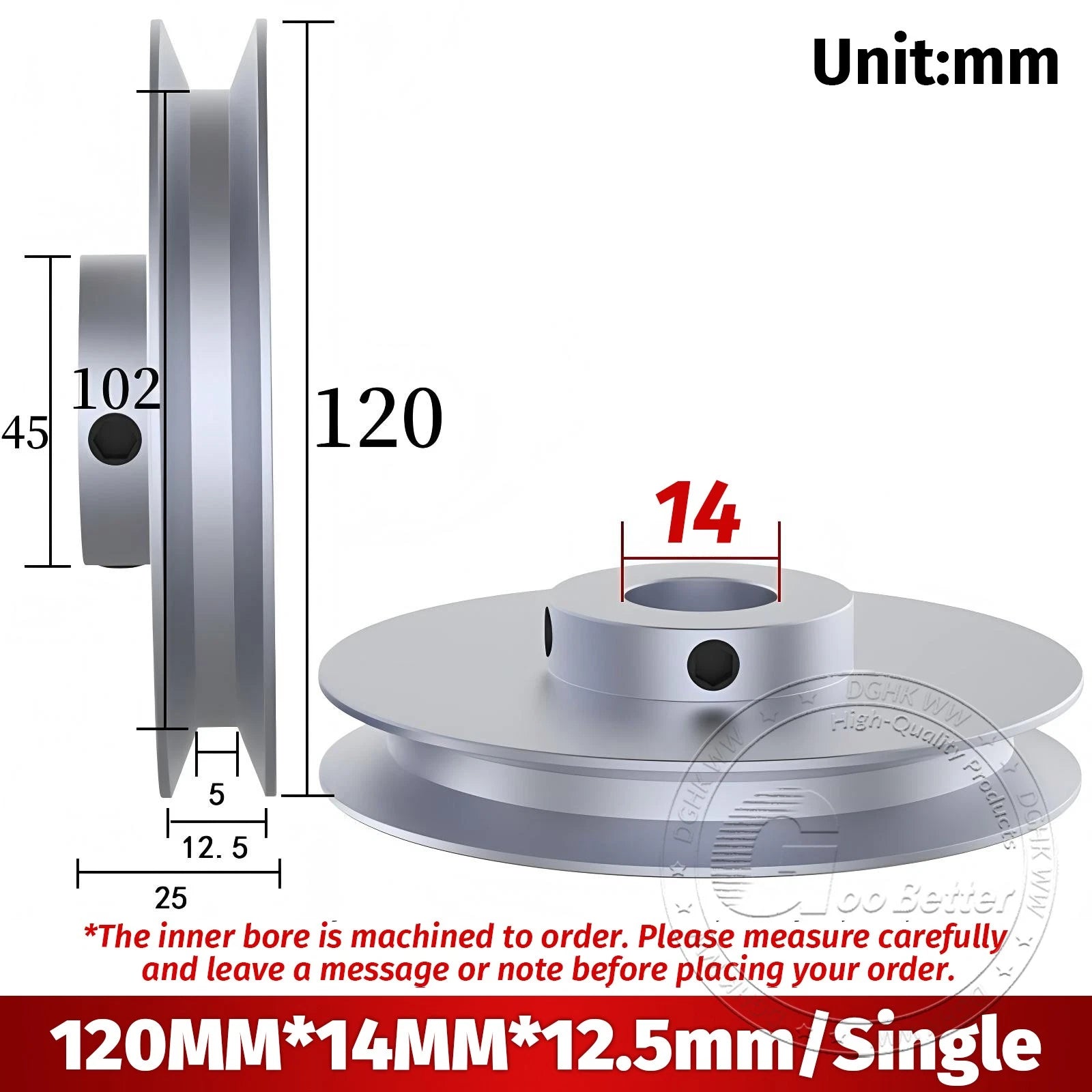 V-Groove Aluminum Drive Pulley For V-Belt Pulleys Groove 12.5mm OD 40mm-150mm