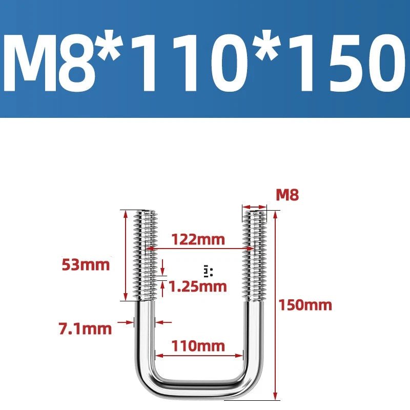 A2 304 Stainless Steel Square U - Bolt Clamp — M6 M8 M10 M12, Multiple Lengths - HomeDIYer