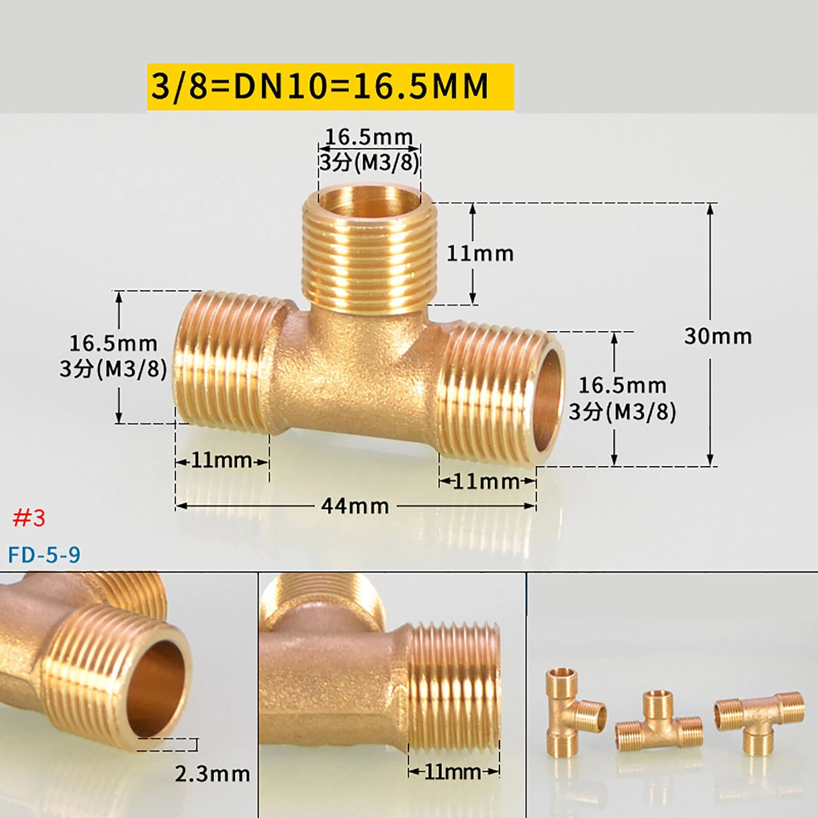 BSP Brass Tee Pipe Fittings — Male & Female Thread Combinations, 1/8" to 3/8"