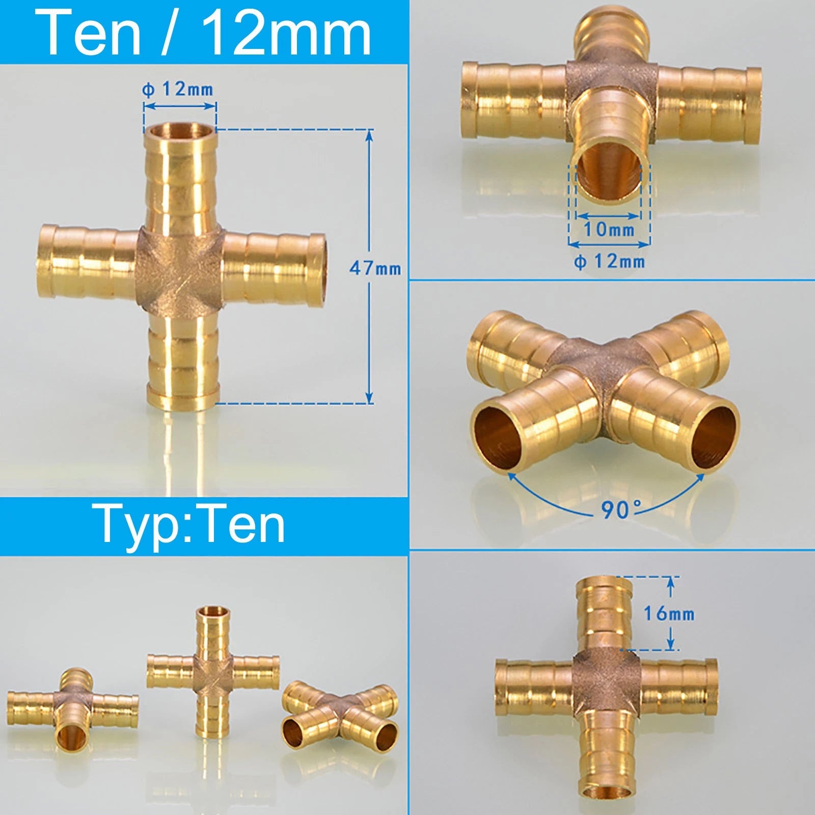 Brass Cross 4-Way Hose Barbed Fitting | Air Water Oil Gas | 6mm 8mm 10mm 12mm