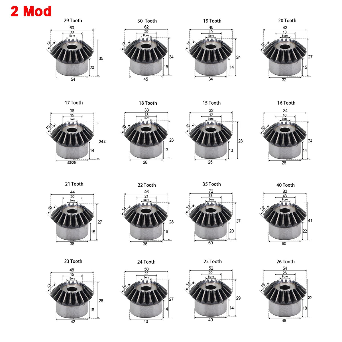 Bevel Gear Mod 3/4/5 Mod 15T-40T Teeth Transmission Gears 90° 1:1 Pairing Metal