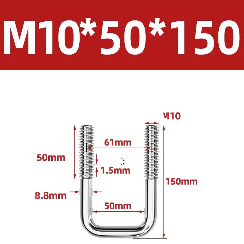 A2 304 Stainless Steel Square U - Bolt Clamp — M6 M8 M10 M12, Multiple Lengths - HomeDIYer
