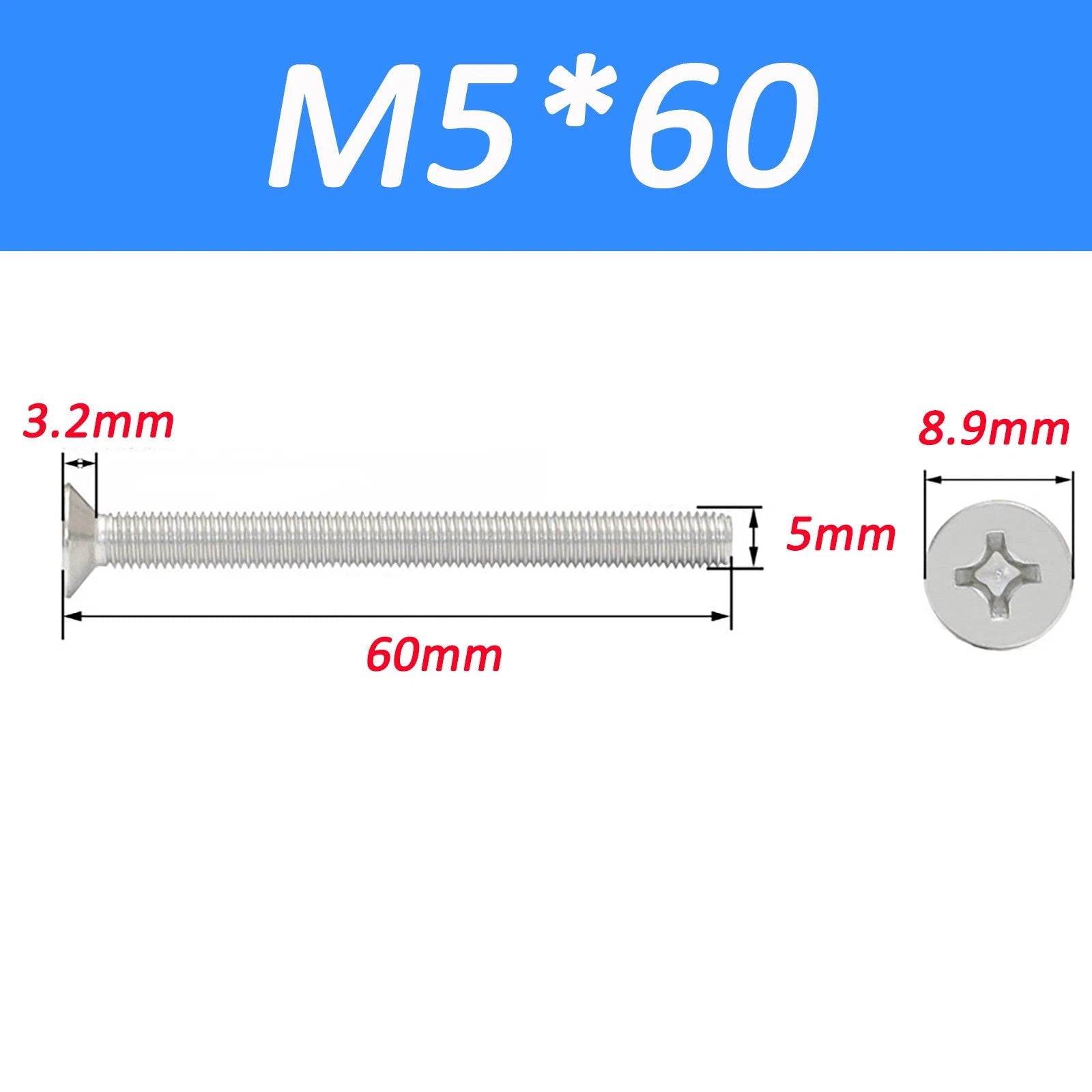 A2 Stainless Steel Countersunk Phillips Machine Screws DIN 965 — Extra Long M2–M12