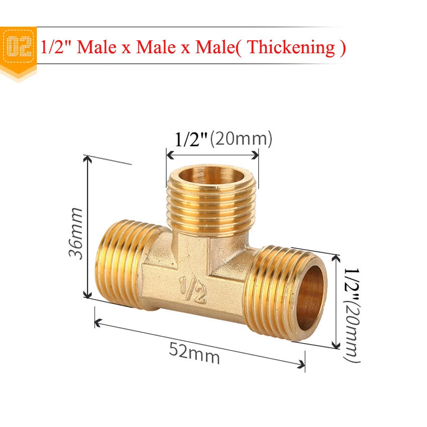 Brass BSP Tee Pipe Fitting — 1/2" to 1" Male & Female Thread T-Connector Adapter