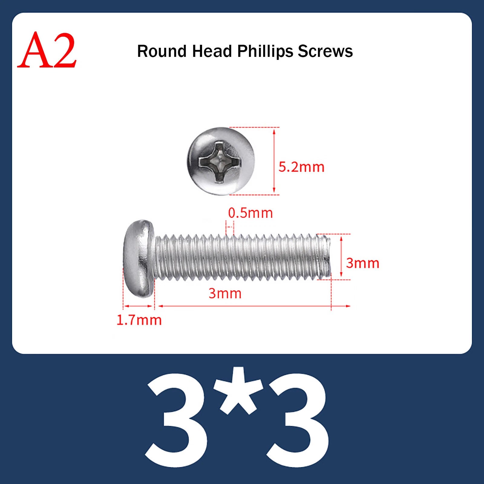 M3 Phillips Pan Head Machine Screws – A2 Stainless Steel, M3×3mm to M3×150mm (Full Length Range)