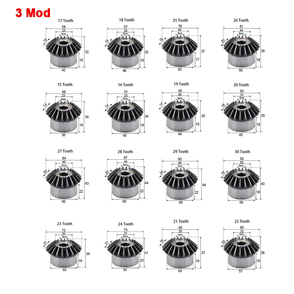 Bevel Gear Mod 3/4/5 Mod 15T-40T Teeth Transmission Gears 90° 1:1 Pairing Metal