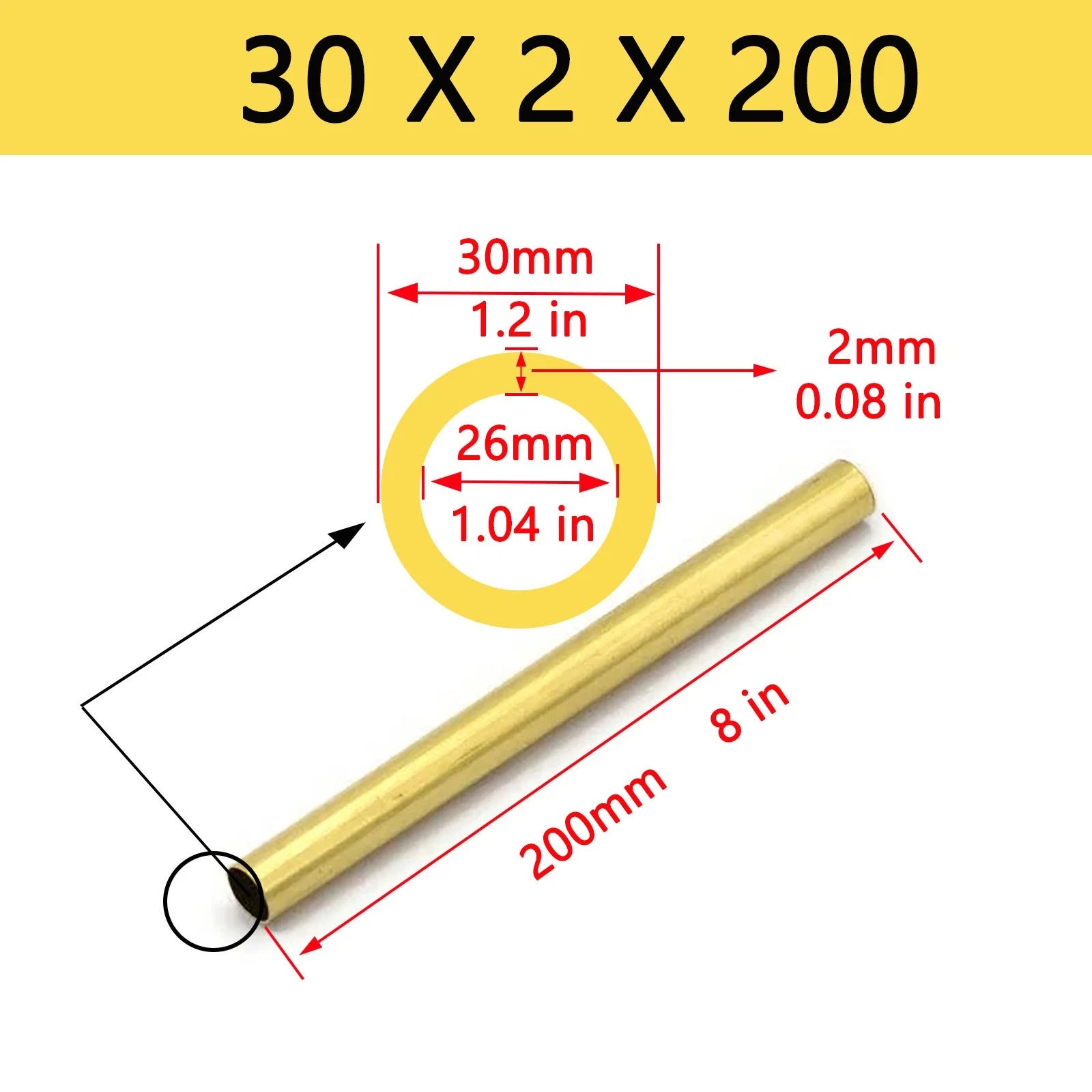 Brass Round Tube Pipe — OD 2mm to 80mm, Wall 0.5mm to 15mm, 200mm Length