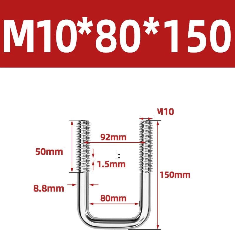 A2 304 Stainless Steel Square U - Bolt Clamp — M6 M8 M10 M12, Multiple Lengths - HomeDIYer