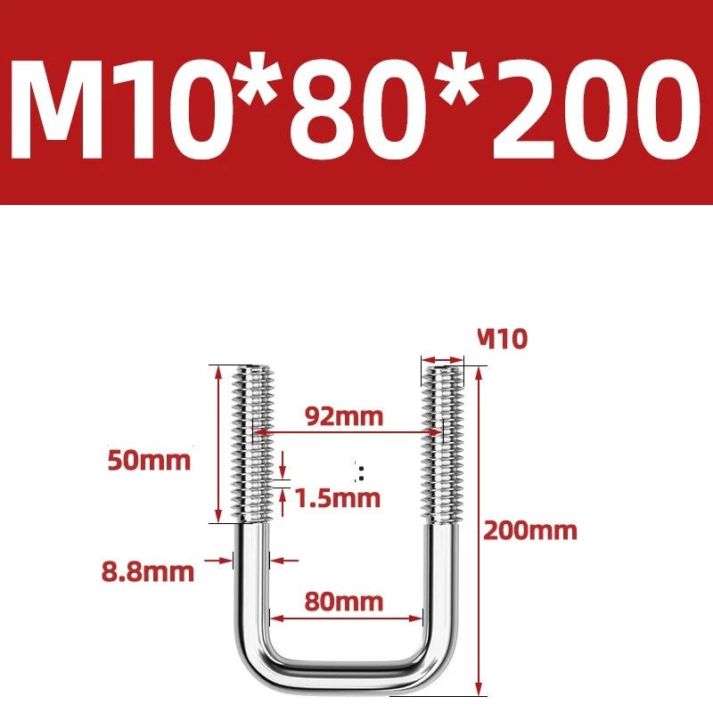 A2 304 Stainless Steel Square U - Bolt Clamp — M6 M8 M10 M12, Multiple Lengths - HomeDIYer