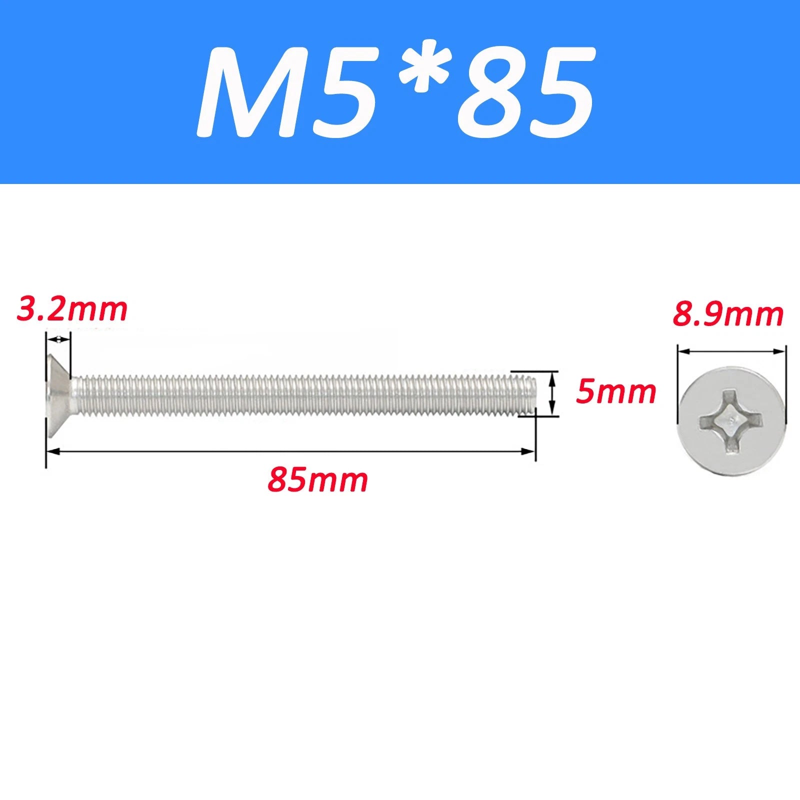 A2 Stainless Steel Countersunk Phillips Machine Screws DIN 965 — Extra Long M2–M12