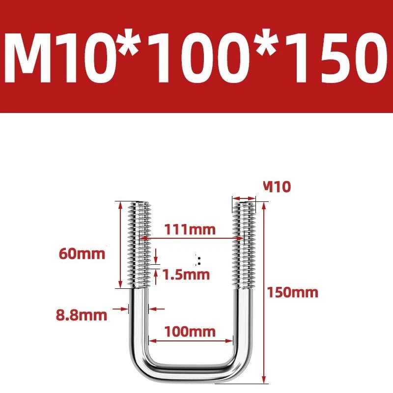 A2 304 Stainless Steel Square U - Bolt Clamp — M6 M8 M10 M12, Multiple Lengths - HomeDIYer