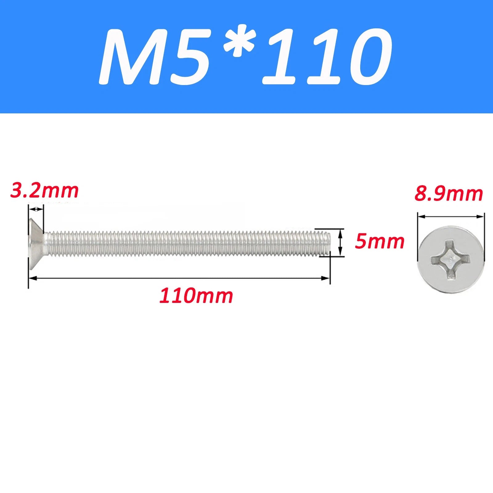 A2 Stainless Steel Countersunk Phillips Machine Screws DIN 965 — Extra Long M2–M12