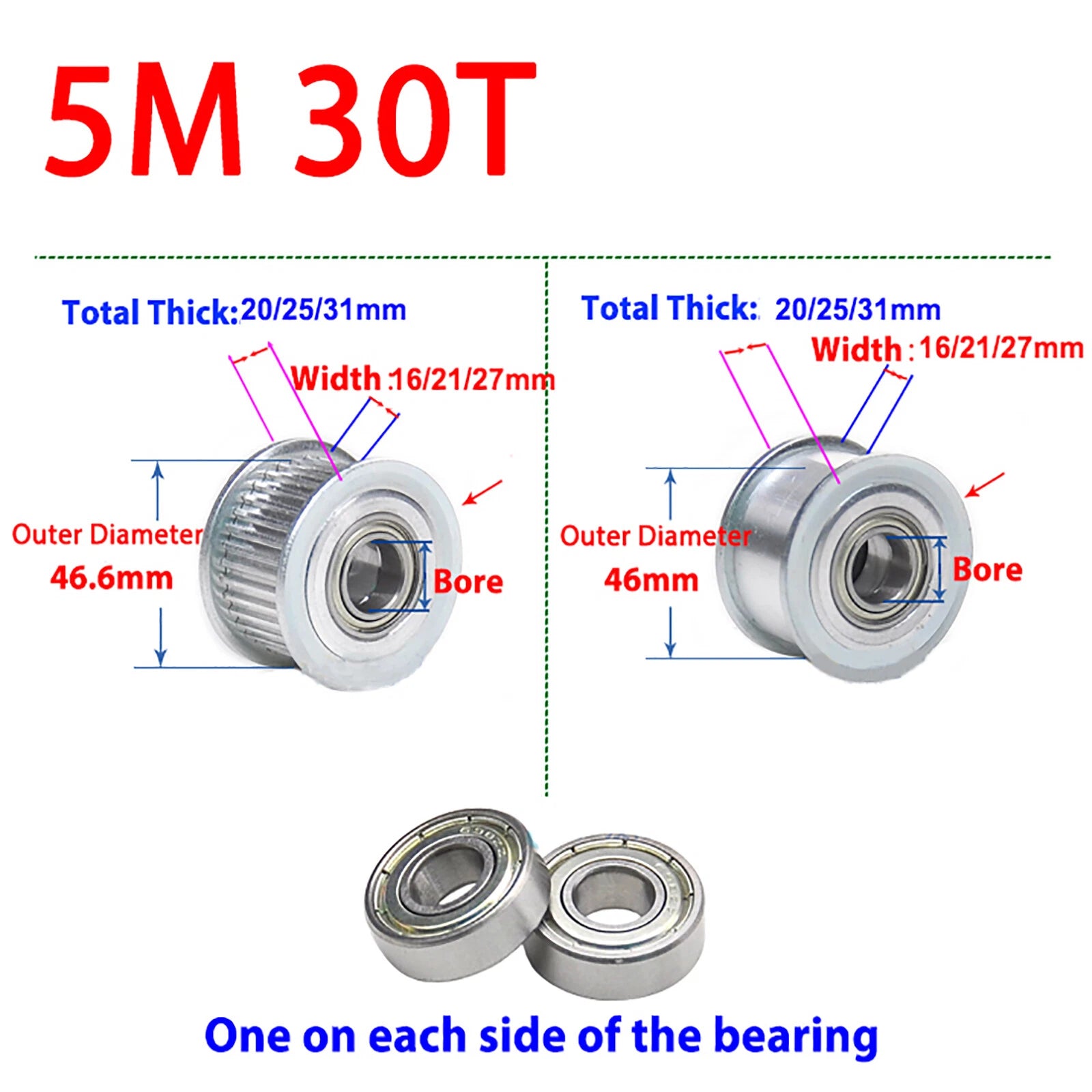 Idler Pulley 5M Timing Belt Pulley Bearing Smooth&Toothed 21mm Width 12-50 Tooth