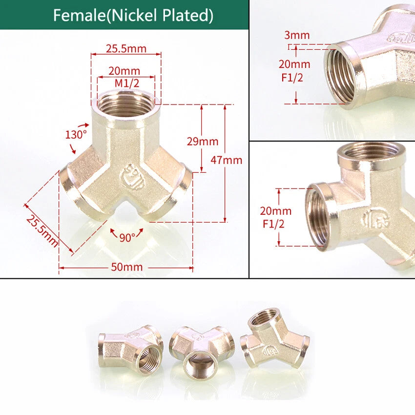 Brass BSP 1/2" Y-Type 3-Way Pipe Fitting — Female & Male Thread Connector Adapter