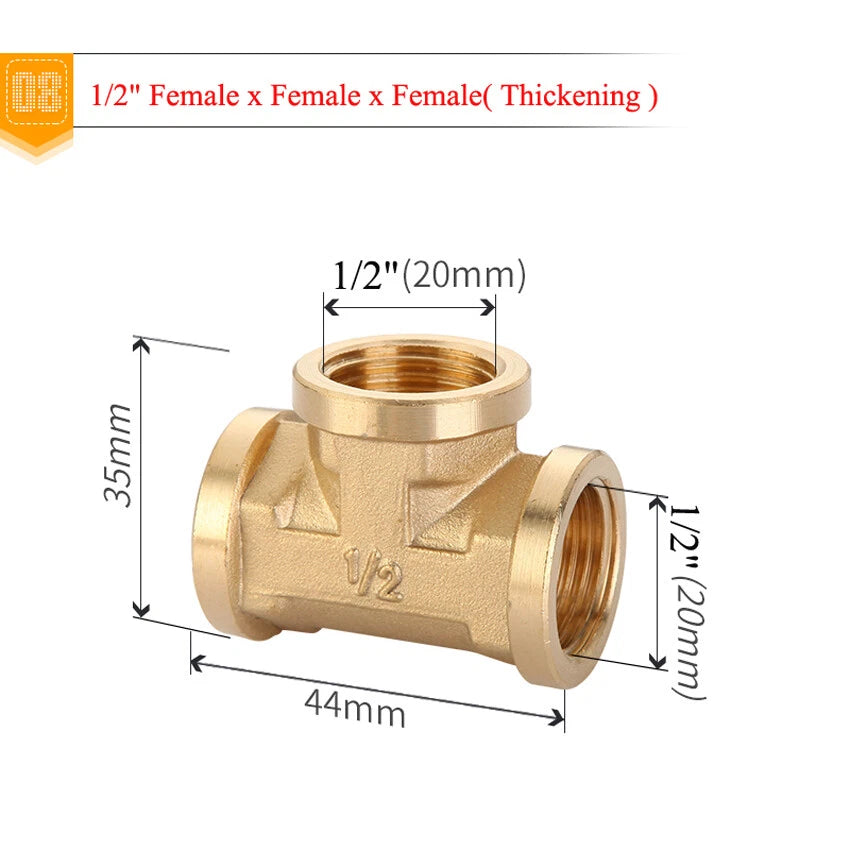 Brass BSP Tee Pipe Fitting — 1/2" to 1" Male & Female Thread T-Connector Adapter