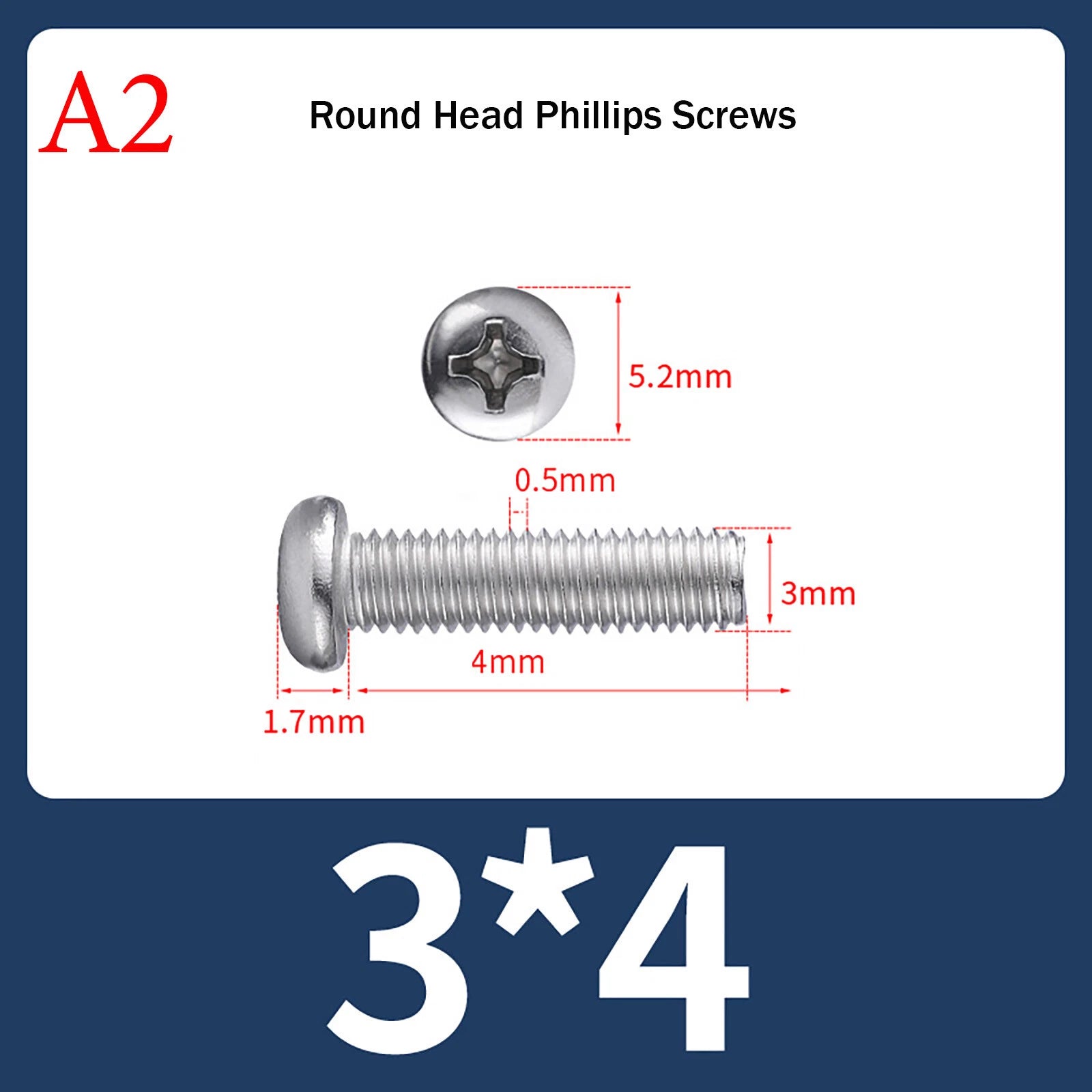 M3 Phillips Pan Head Machine Screws – A2 Stainless Steel, M3×3mm to M3×150mm (Full Length Range)
