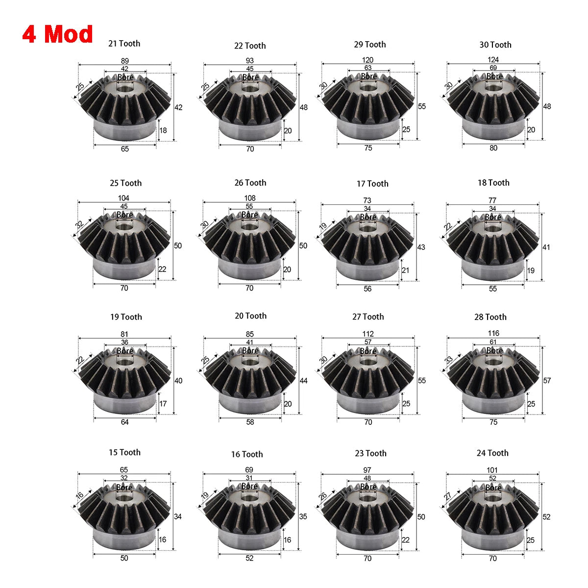 Bevel Gear Mod 3/4/5 Mod 15T-40T Teeth Transmission Gears 90° 1:1 Pairing Metal