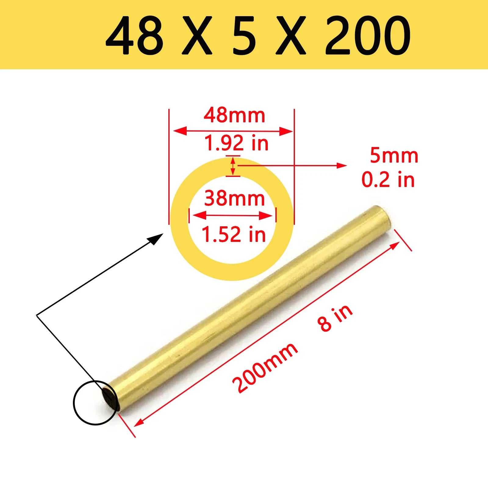 Brass Round Tube Pipe — OD 2mm to 80mm, Wall 0.5mm to 15mm, 200mm Length
