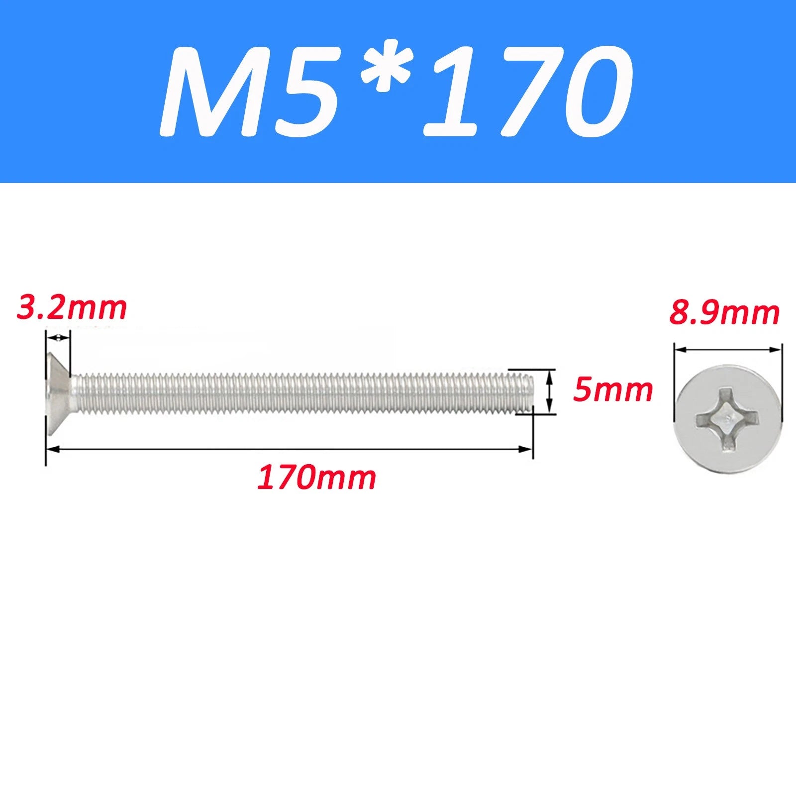 A2 Stainless Steel Countersunk Phillips Machine Screws DIN 965 — Extra Long M2–M12