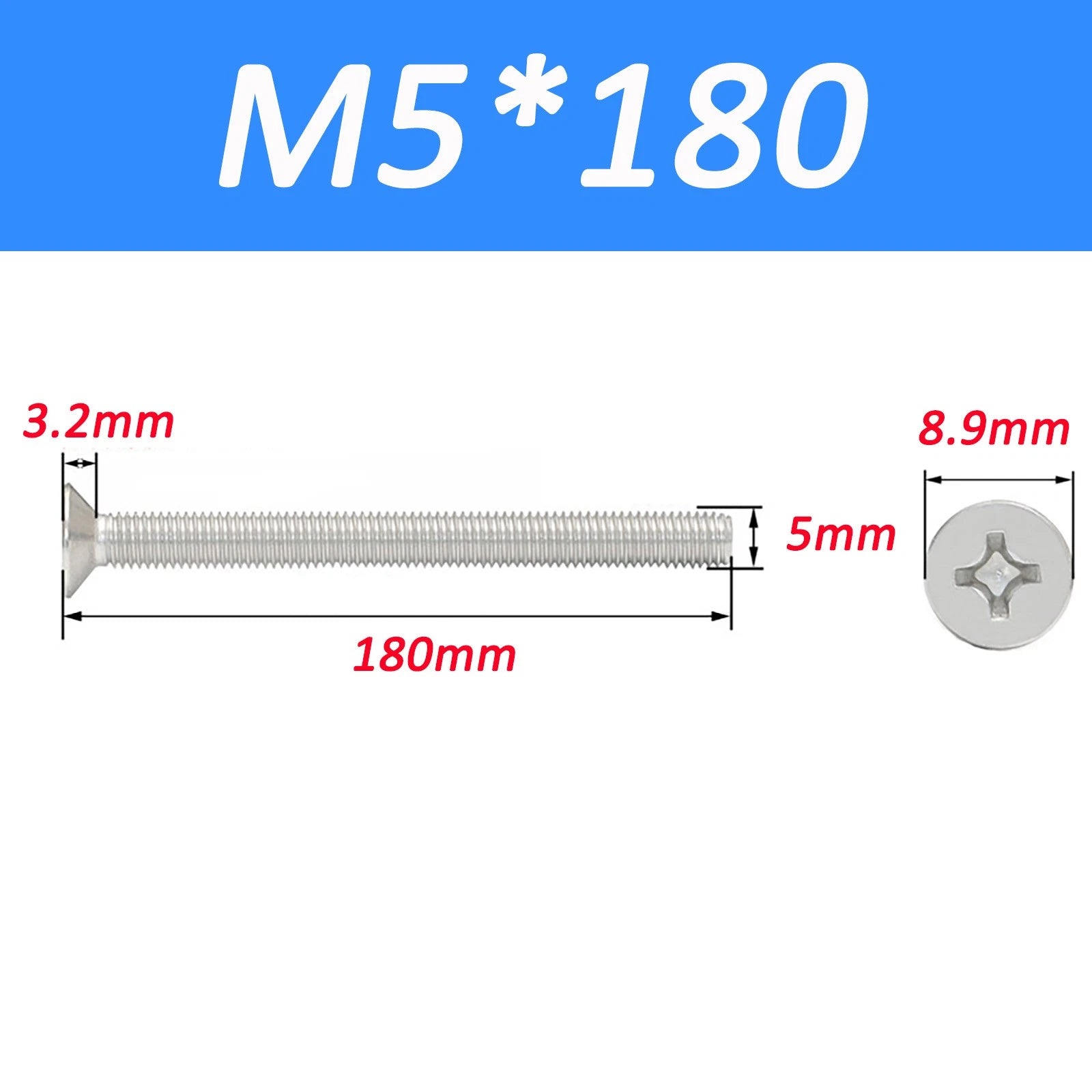 A2 Stainless Steel Countersunk Phillips Machine Screws DIN 965 — Extra Long M2–M12