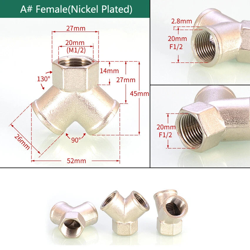 Brass BSP 1/2" Y-Type 3-Way Pipe Fitting — Female & Male Thread Connector Adapter