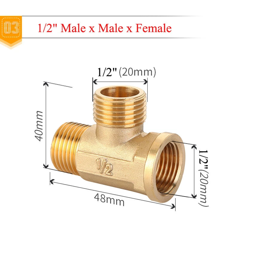 Brass BSP Tee Pipe Fitting — 1/2" to 1" Male & Female Thread T-Connector Adapter