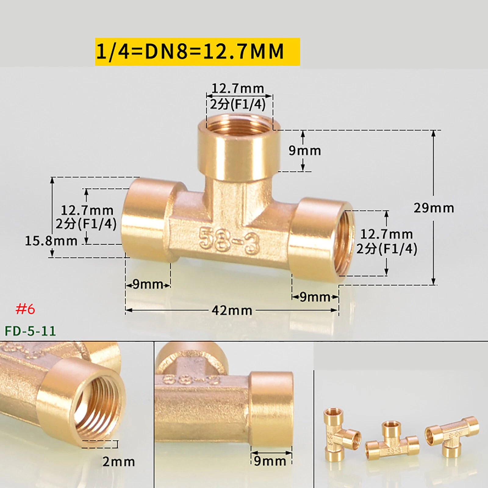 BSP Brass Tee Pipe Fittings — Male & Female Thread Combinations, 1/8" to 3/8"
