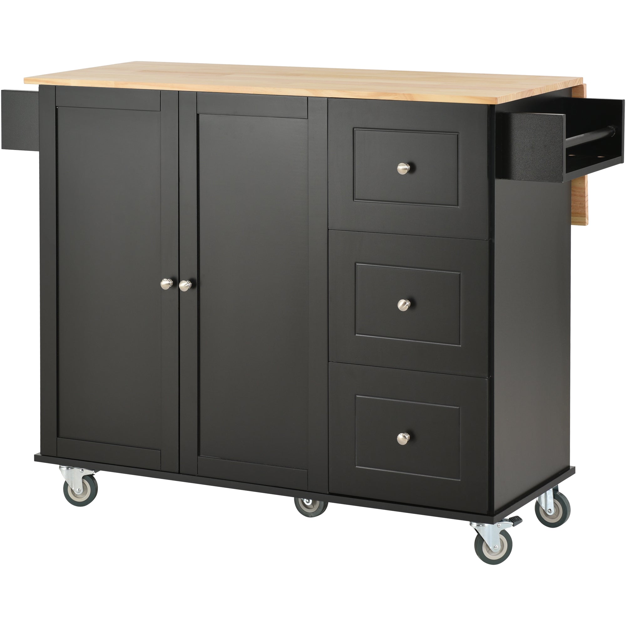 Rolling Kitchen Island with Solid Wood Top — Drop Leaf, Storage Cabinet &amp; Locking Wheels